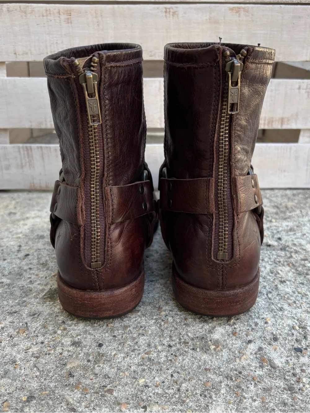 Frye Brown Leather Phillip Harness Ankle Moto Biker Zip Boots Size 9